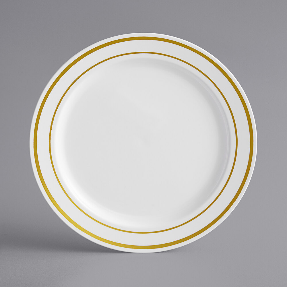 Visions Halo 6" White Plastic Plate with Gold Bands - 15/Sample