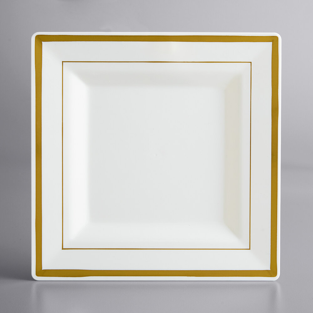 Visions Halo 8" Square Bone / Ivory Plastic Plate with Gold Bands - 10/Sample