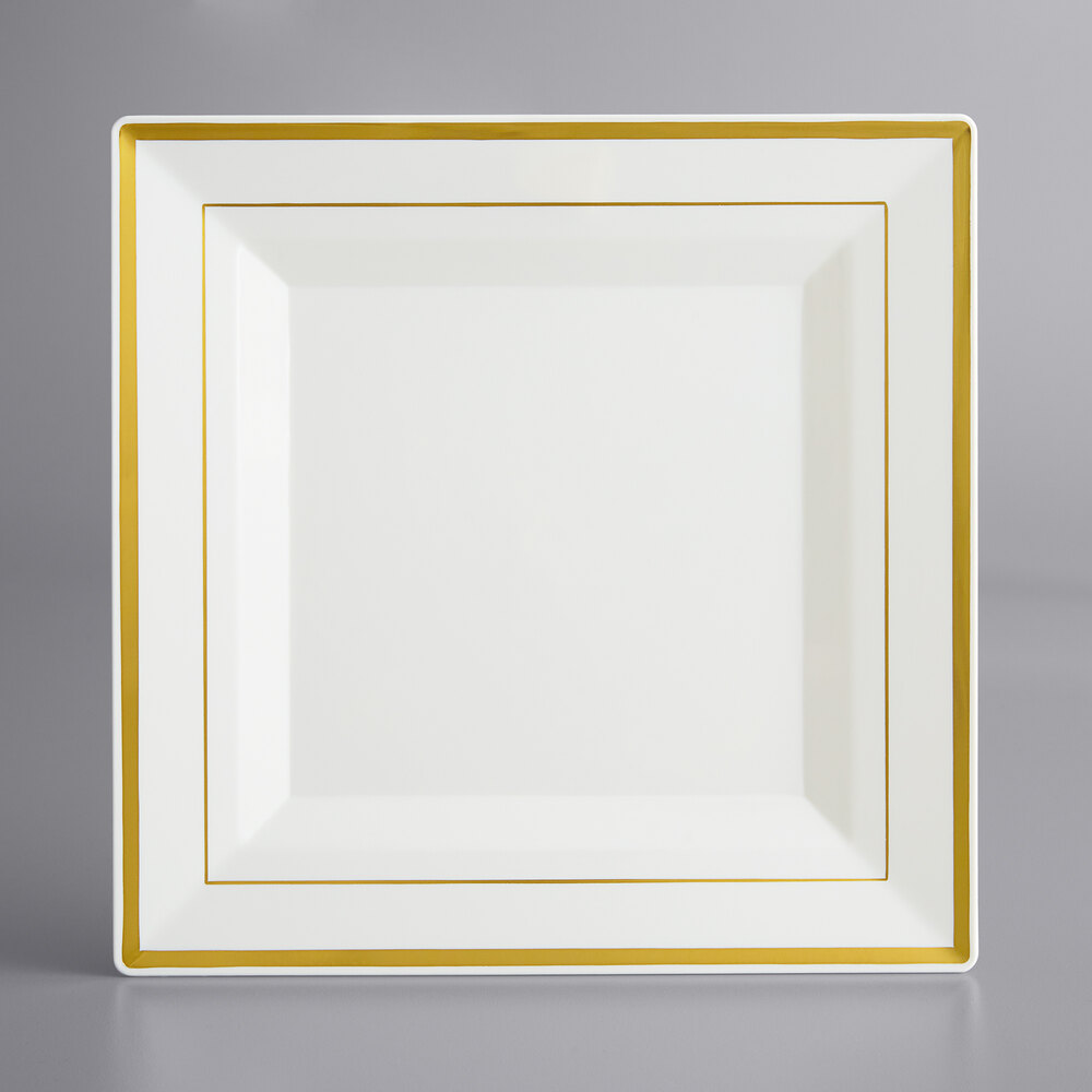Visions Halo 10" Square Bone / Ivory Plastic Plate with Gold Bands - 10/Sample