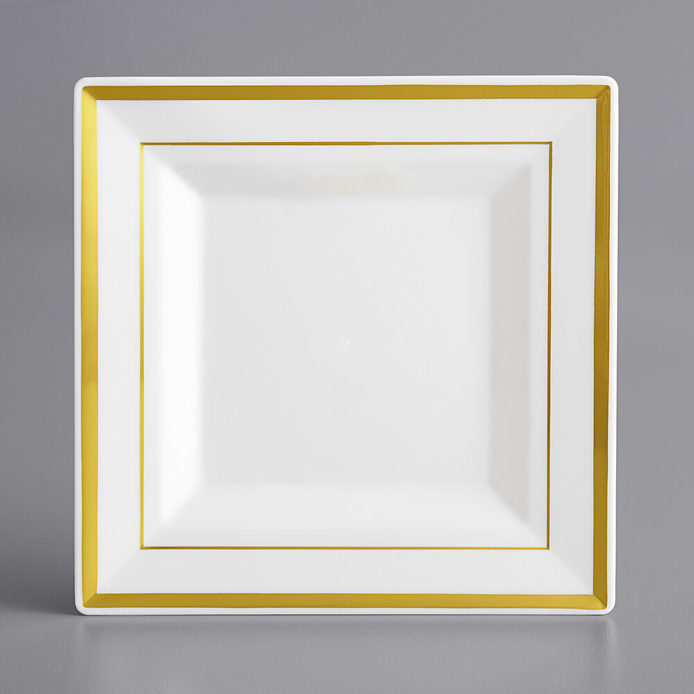 Visions Halo 6" Square Bone / Ivory Plastic Plate with Gold Bands - 10/Sample