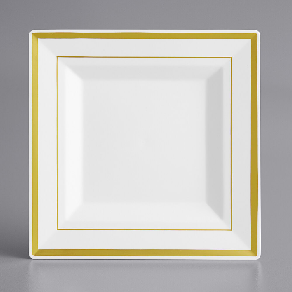 Visions Halo 6" Square White Plastic Plate with Gold Bands - 10/Sample