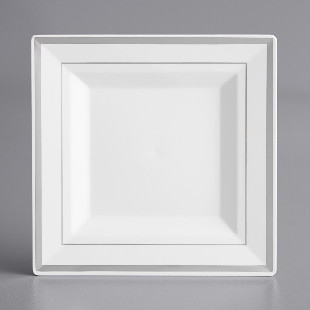 Visions Halo 6" Square White Plastic Plate with Silver Bands - 10/Sample