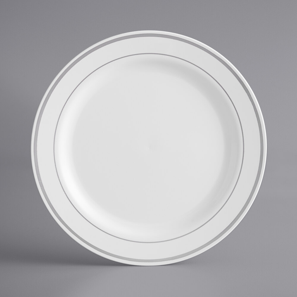 Visions Halo 9" White Plastic Plate with Silver Bands - 12/Sample