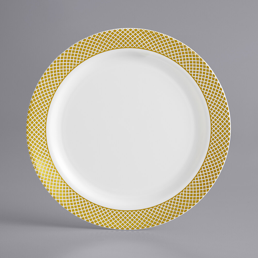 Visions Lattice 7" Bone / Ivory Plastic Plate with Gold Lattice Design - 15/Sample