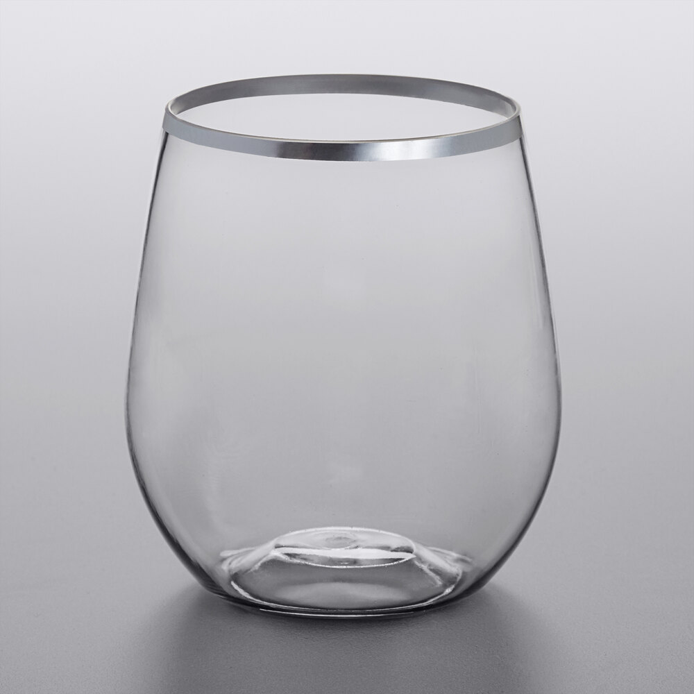 Visions Coupe Dynasty 12 oz. Heavy Weight Clear Plastic Stemless Wine Glass with Silver Rim - 64/Case
