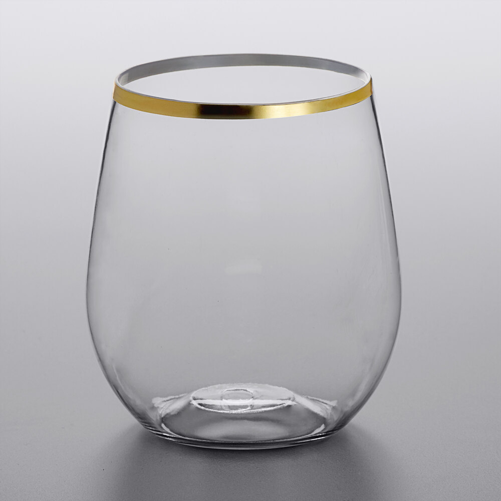 Visions Coupe Dynasty 12 oz. Heavy Weight Clear Plastic Stemless Wine Glass with Gold Rim - 64/Case