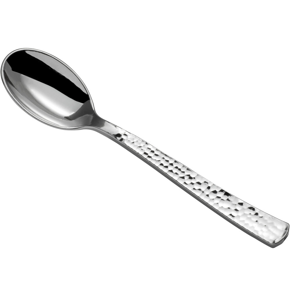 Visions Hammered 6 3/4" Heavy Weight Silver Plastic Spoon - 50/Pack