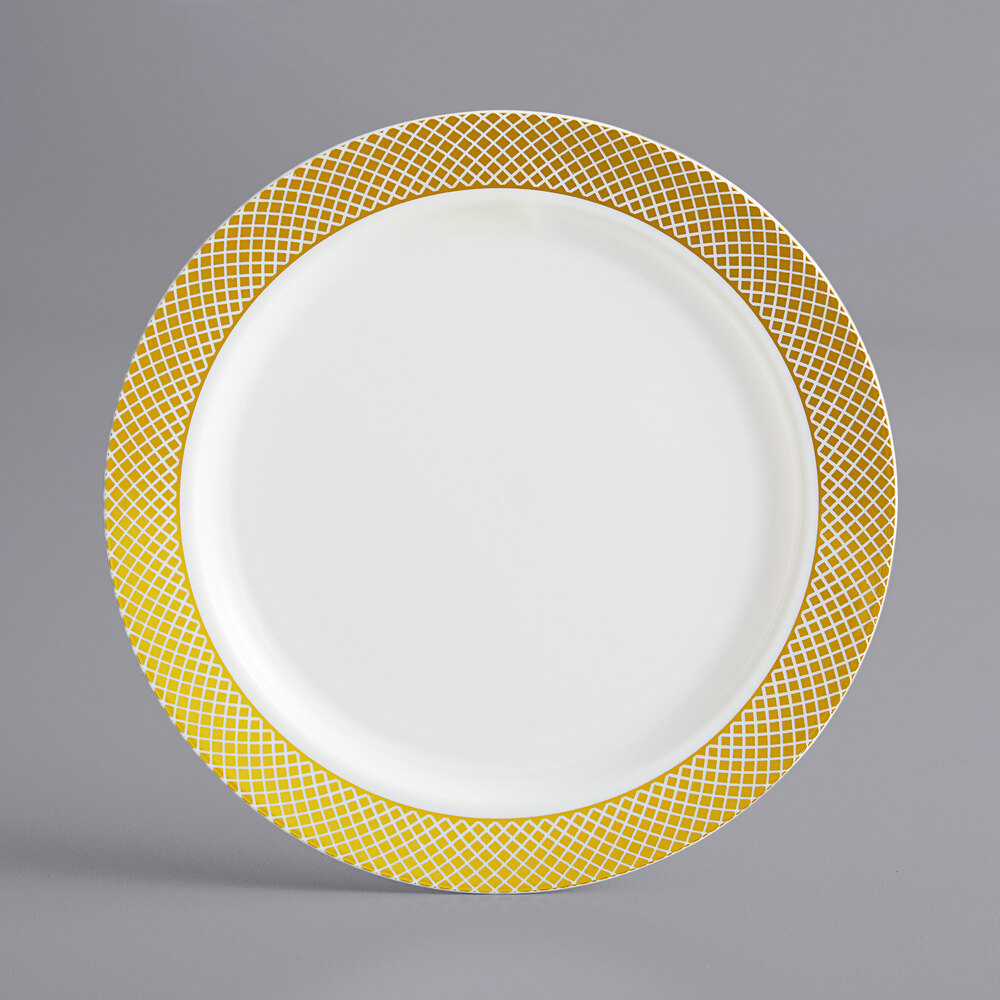 Visions Lattice 6" Bone / Ivory Plastic Plate with Gold Lattice Design - 15/Sample