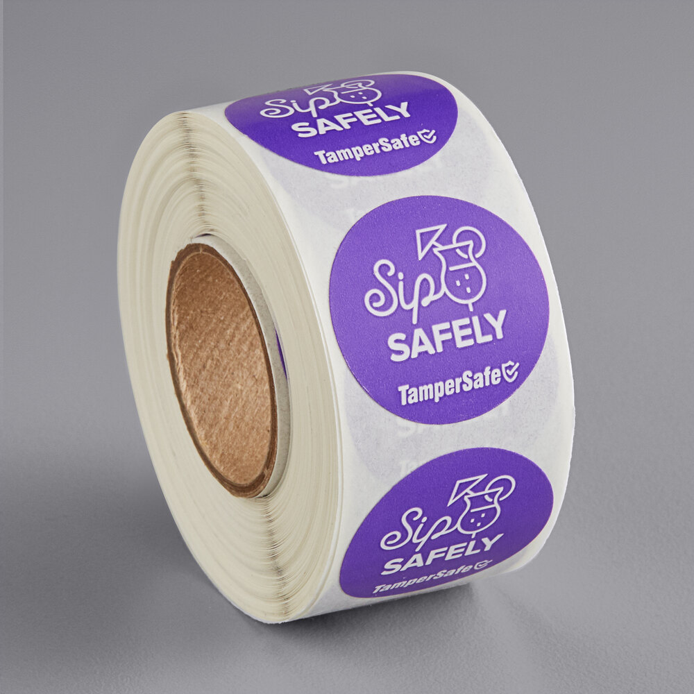 Choice TamperSafe 1" Sip Safely Round Purple Paper Tamper-Evident Drink Label - 500/Roll