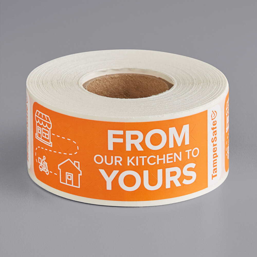 Choice TamperSafe 1" x 3" From Our Kitchen To Yours Orange Paper Tamper-Evident Label - 250/Roll