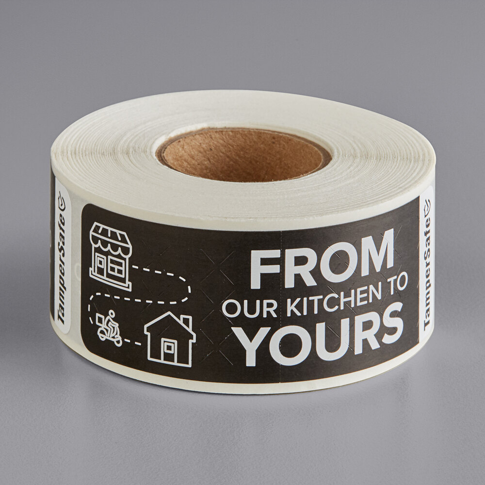 Choice TamperSafe 1" x 3" From Our Kitchen To Yours Black Paper Tamper-Evident Label - 250/Roll