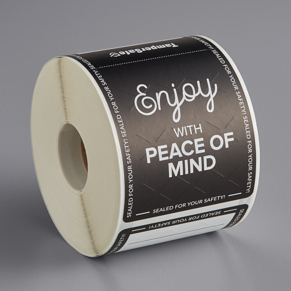 Choice TamperSafe 2 1/2" x 6" Enjoy With Peace Of Mind Black Paper Tamper-Evident Label - 250/Roll