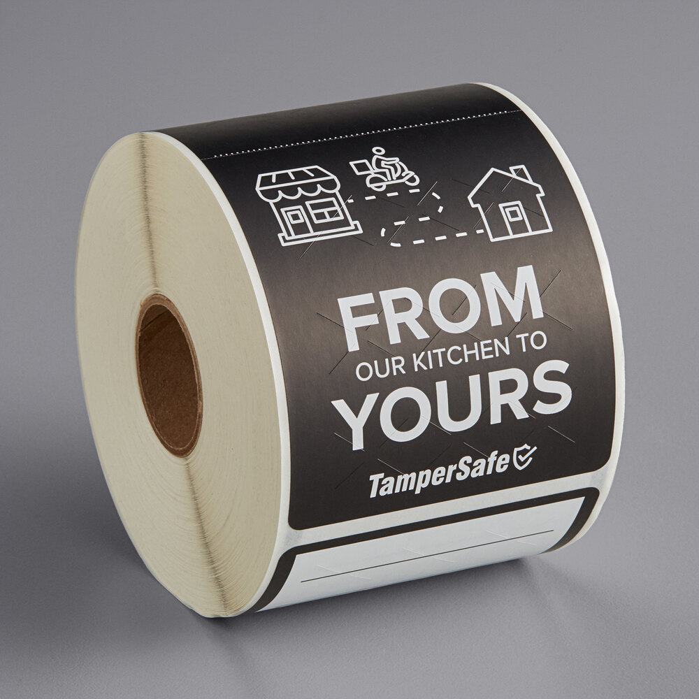 Choice TamperSafe 2 1/2" x 6" From Our Kitchen To Yours Black Paper Tamper-Evident Label - 250/Roll