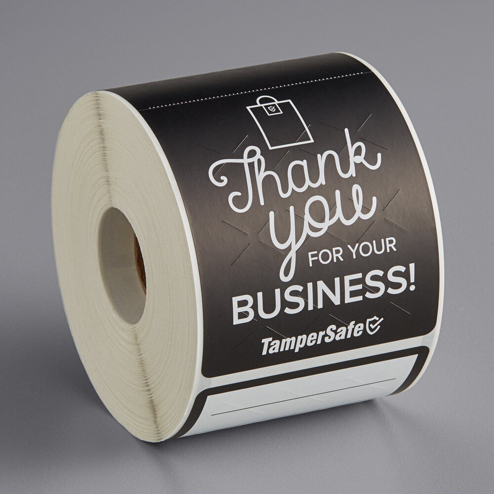 Choice TamperSafe 2 1/2" x 6" Thank You For Your Business Black Paper Tamper-Evident Label - 250/Roll