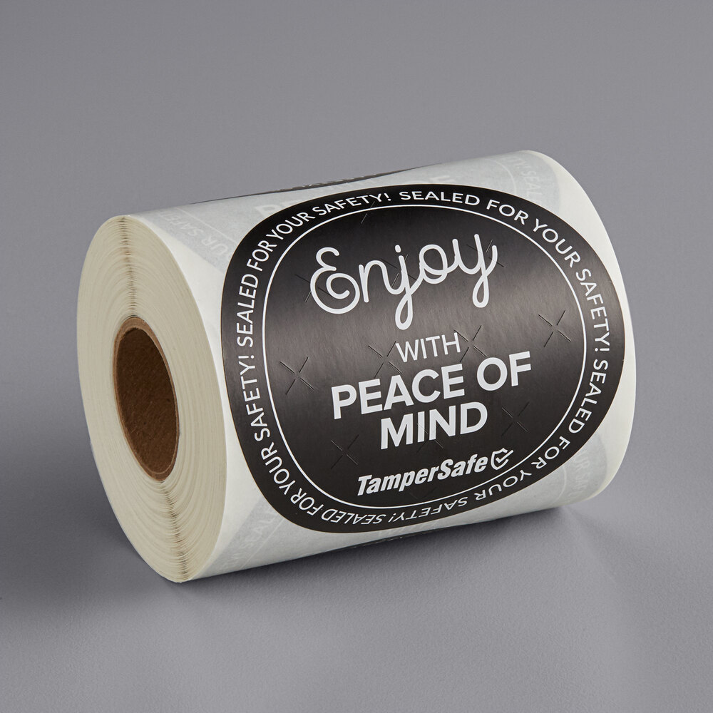 Choice TamperSafe 3" Enjoy With Peace Of Mind Round Black Paper Tamper-Evident Label - 250/Roll