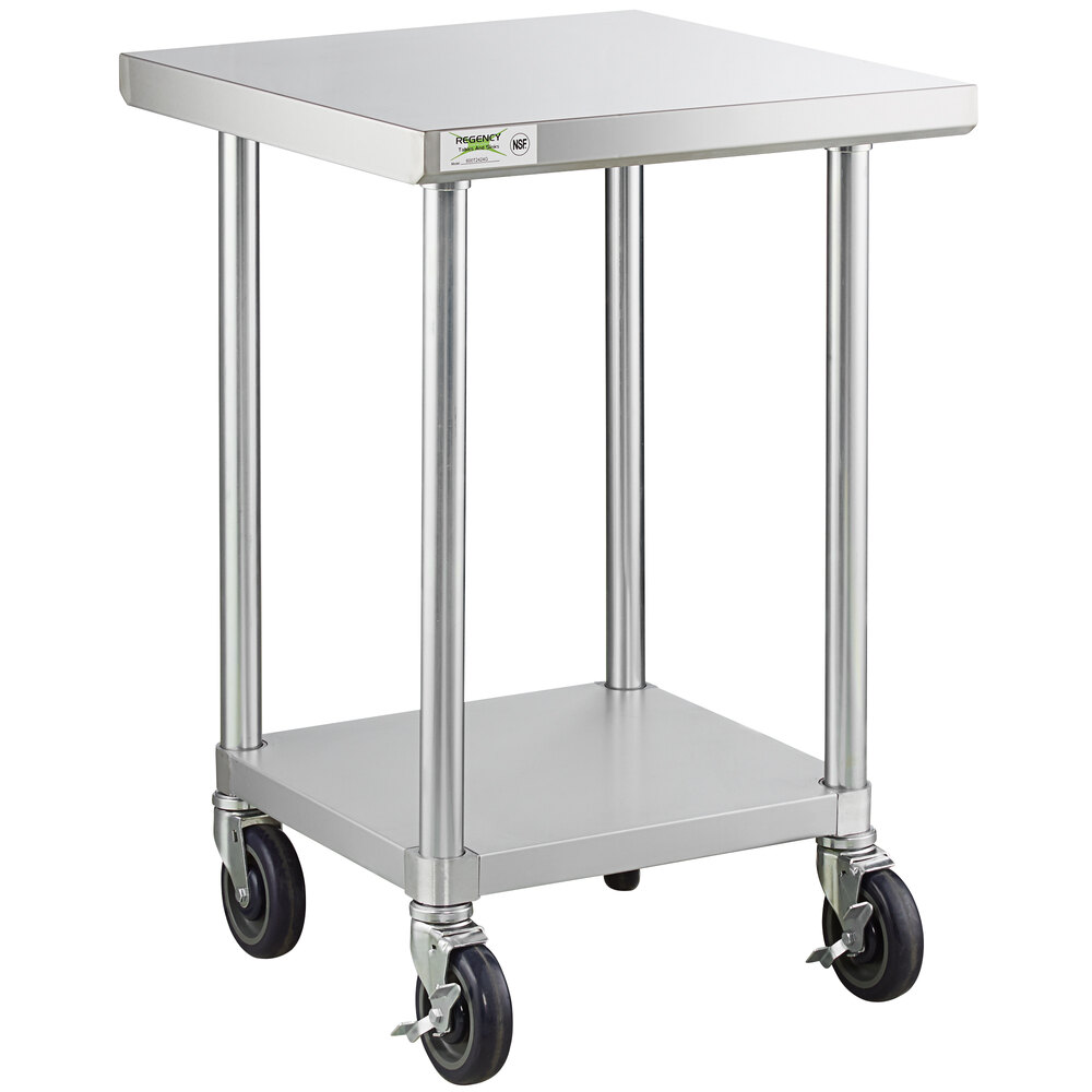 Regency 24" x 24" 18-Gauge 304 Stainless Steel Commercial Work Table with Galvanized Legs, Undershelf, and Casters