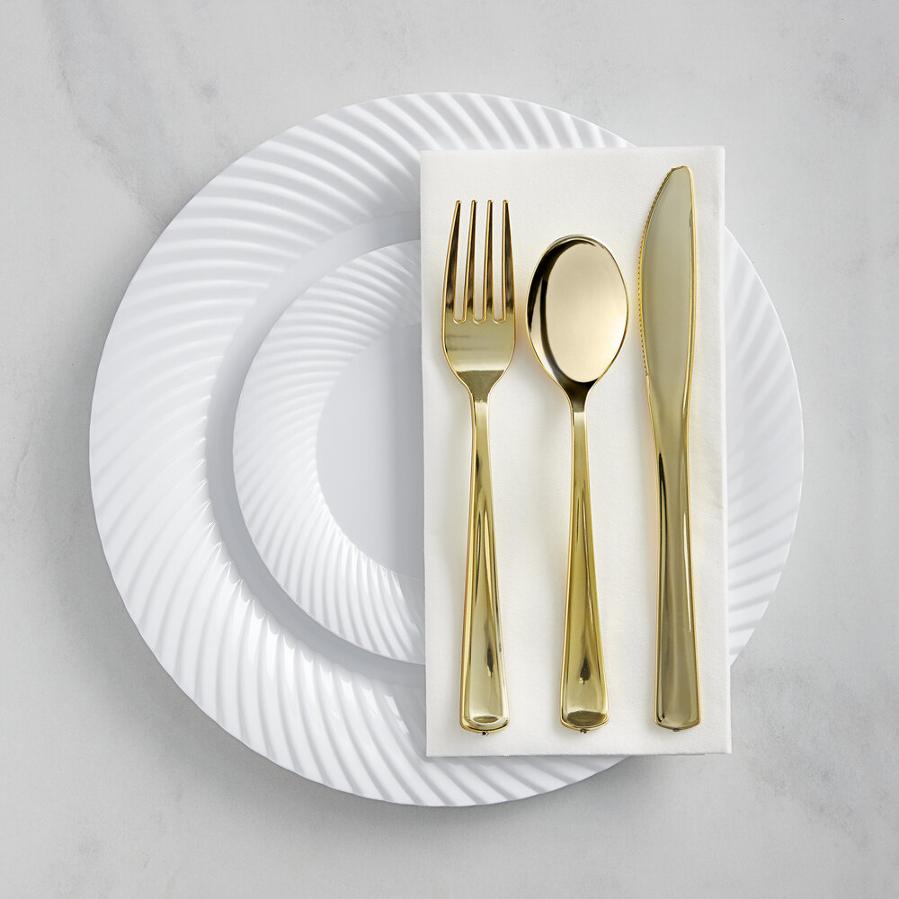 Visions 144 Settings of White Wave Plastic Dinnerware and Gold Classic Flatware - 144/Case