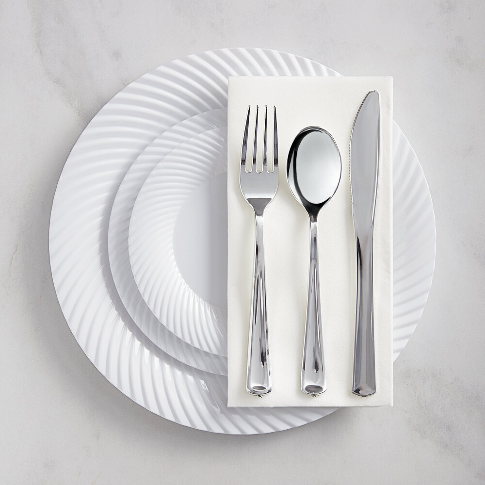 Visions 144 Settings of White Wave Plastic Plates and Silver Classic Flatware - 144/Case