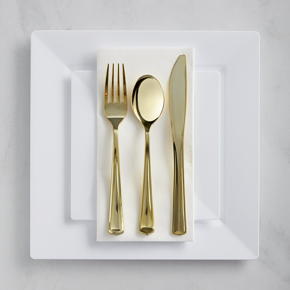 Visions 120 Settings of White Plastic Dinnerware and Gold Classic Flatware - 120/Case