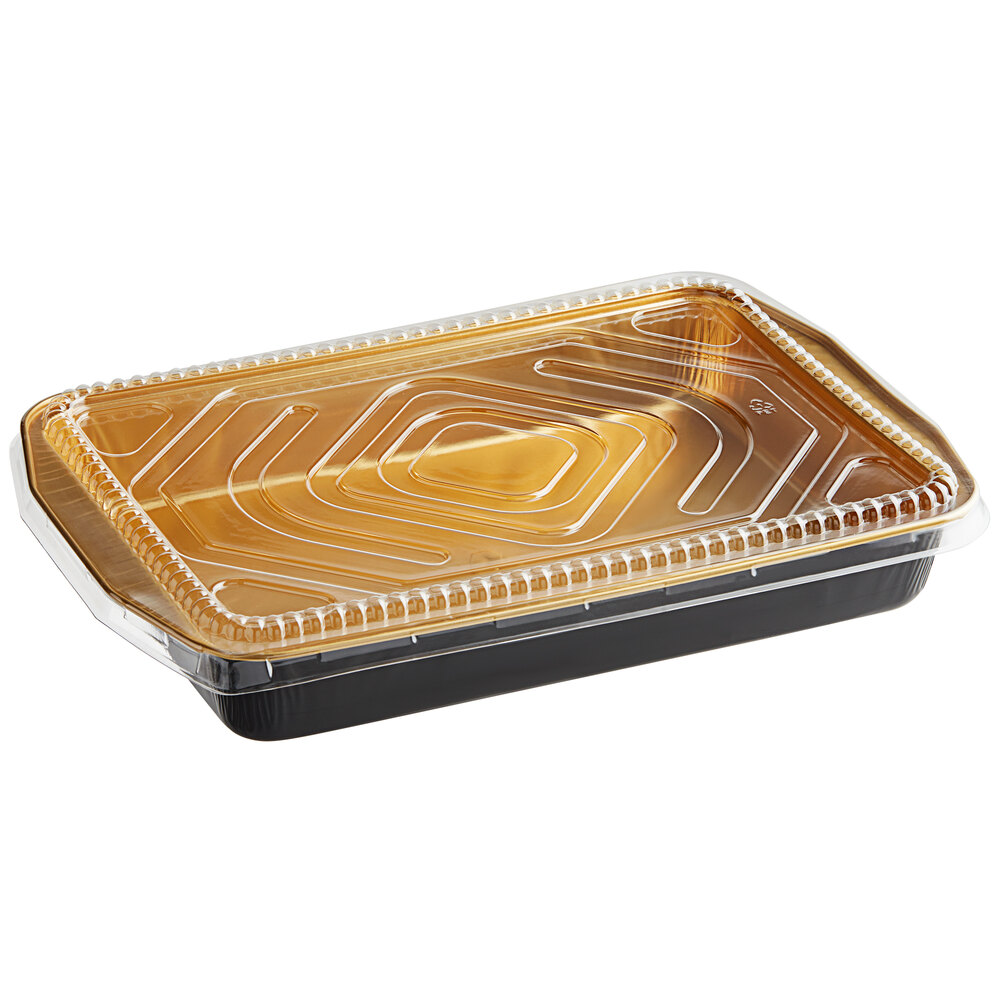 Choice Heavy Duty Smoothwall Black and Gold Extra Large Oblong Foil Entree / Take-Out Pan with Dome Lid 108 oz. - 25/Case