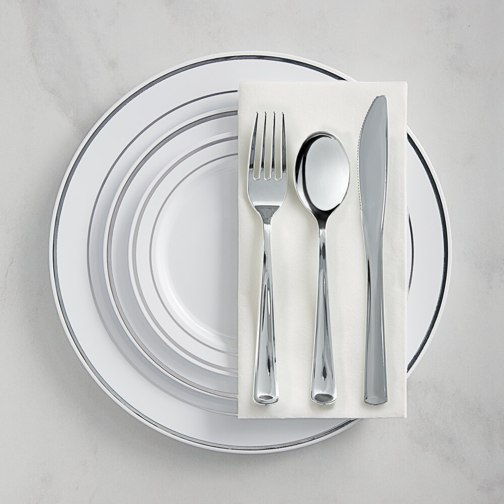 Visions 120 Settings of Silver Banded Plastic Dinnerware and Classic Flatware - 120/Case