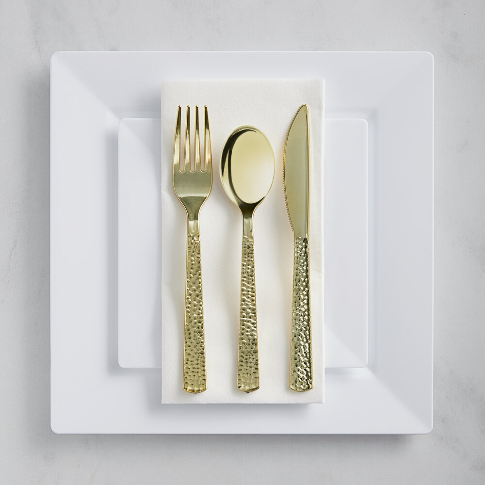 Visions 120 Settings of Gold White Plastic Dinnerware and Hammered Flatware - 120/Case