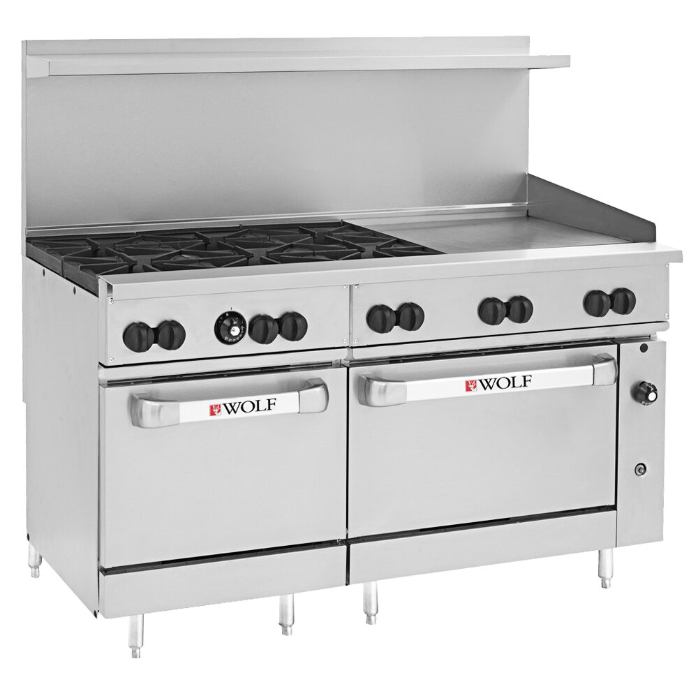 Wolf by Vulcan C60SS-6B24GP Challenger XL Series Liquid Propane 60" Manual Range with 6 Burners, 24" Right Side Griddle, and 2 Standard Ovens - 278,000 BTU