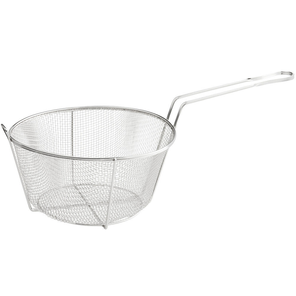 Choice 11 1/2" Round Nickel-Plated Medium Mesh Culinary Basket with Front Hook