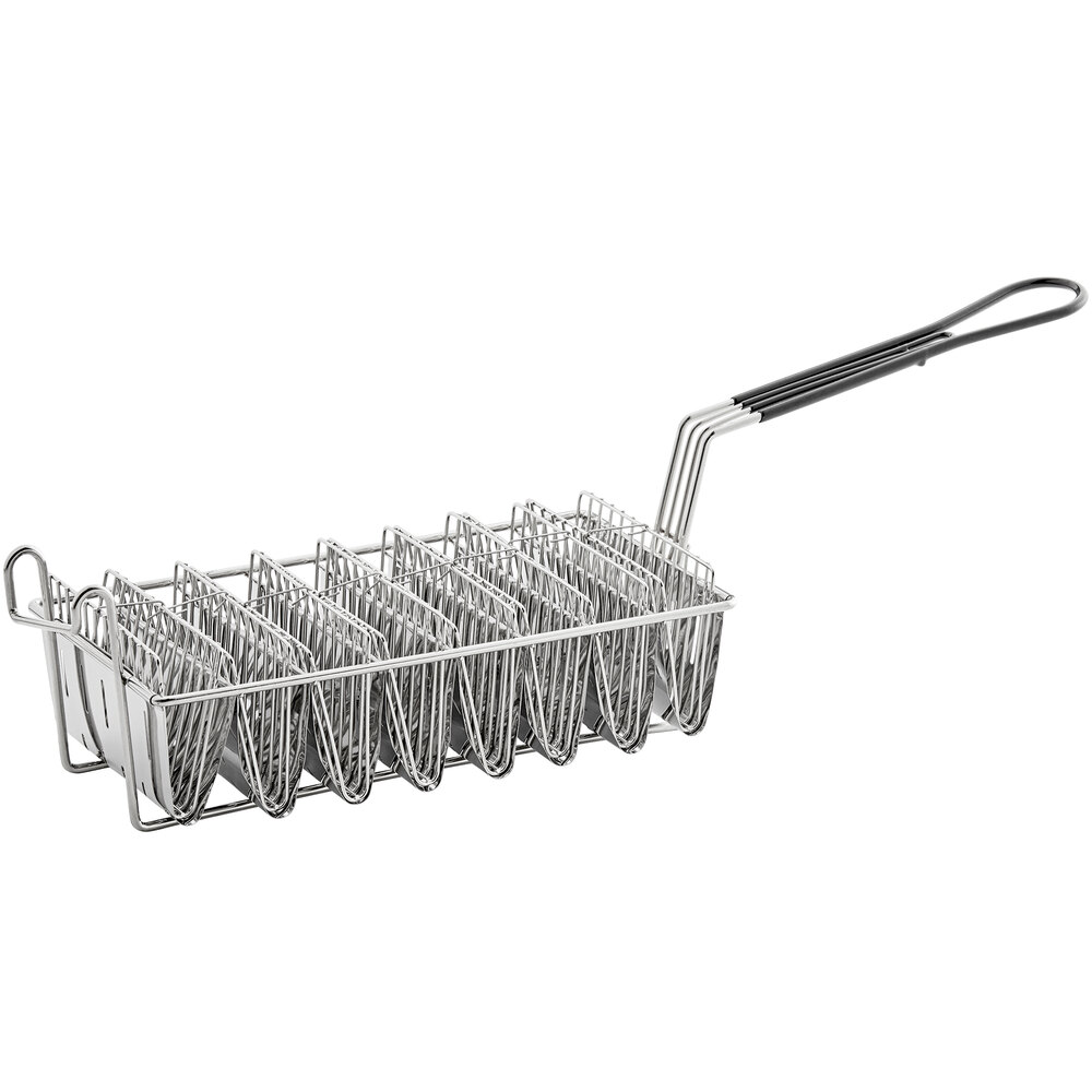 Choice 12" x 6 1/2" x 4 1/2" 8-Slot Nickel-Plated Steel Taco Fry Basket with Rubberized Handle and Front Hook