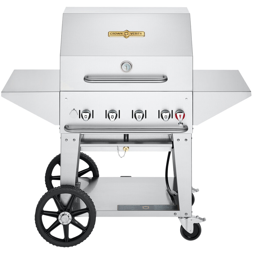 Crown Verity CV-MCB-30PRO-NG Pro Series 30" Natural Gas Outdoor Mobile Grill with Roll Dome, Bun Rack, and 2 Side Shelves - 64,500 BTU