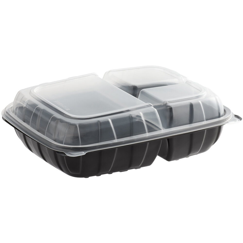 Choice 11" x 8 1/2" x 3" Microwaveable 3-Compartment Black / Clear Plastic Hinged Container - 100/Case