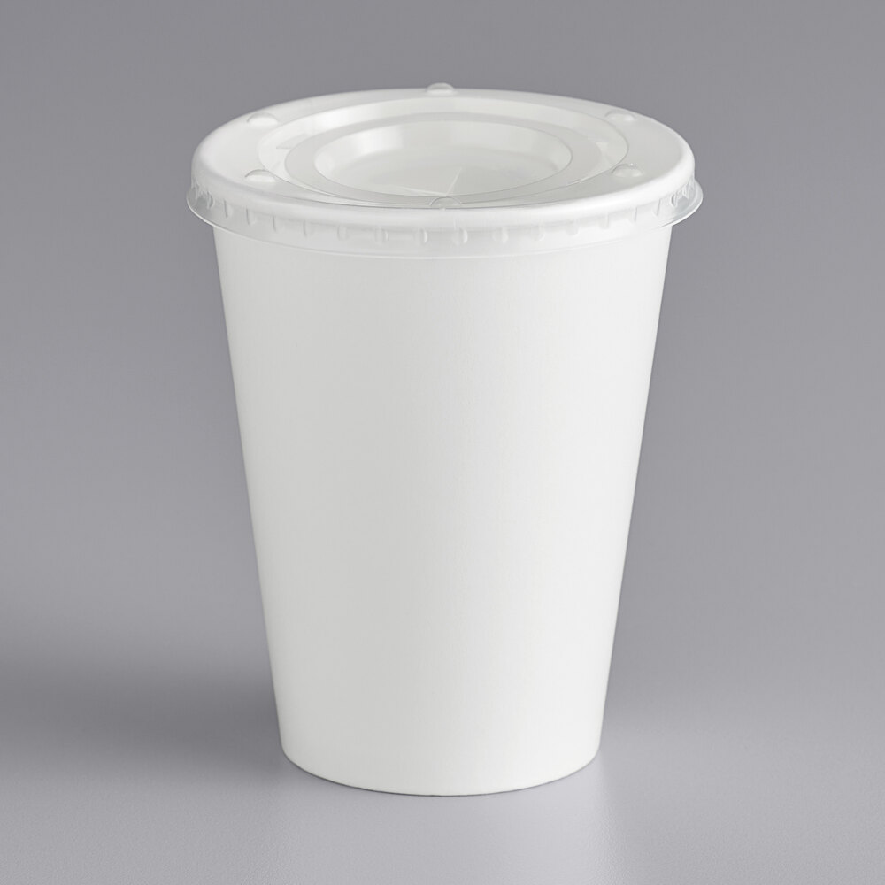 Choice 12 oz. White Poly Paper Cold Cup and Flat Straw Slot Lid - 100/Pack