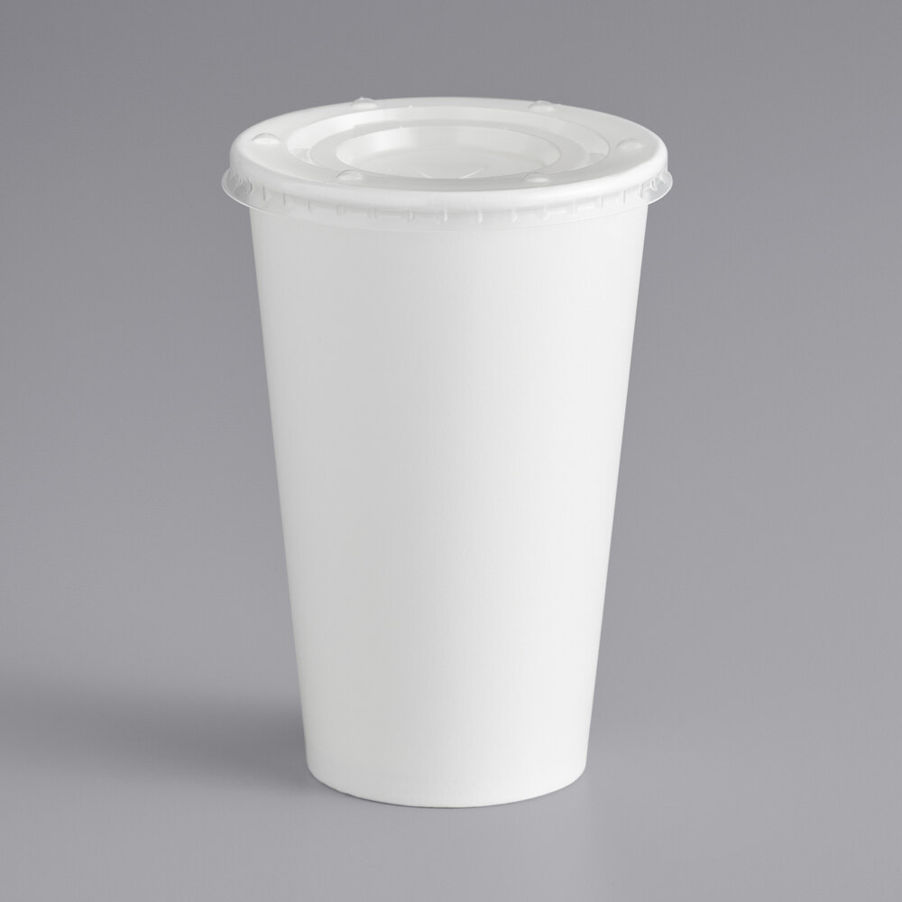 Choice 16 oz. White Poly Paper Cold Cup and Flat Straw Slot Lid - 100/Pack