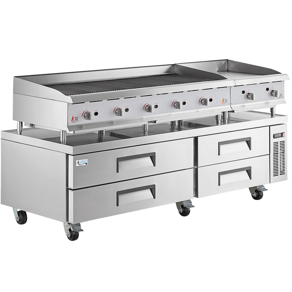 Cooking Performance Group 84" 4 Drawer Refrigerated Chef Base with 60" Gas Radiant Charbroiler and 24" Griddle - 260,000 BTU