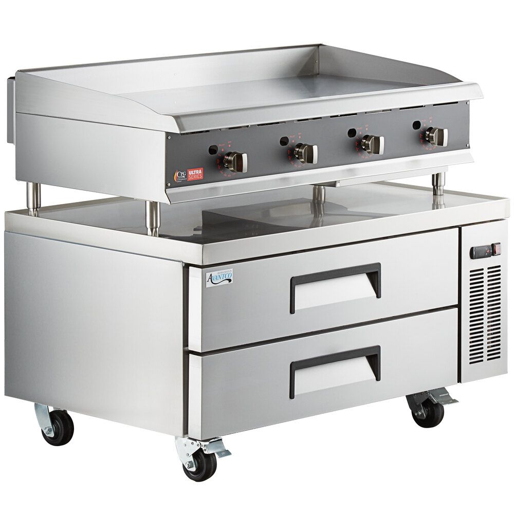 Cooking Performance Group 48L Ultra Series 48" Chrome Plated Liquid Propane 4-Burner Countertop Griddle and 48", 2 Drawer Refrigerated Base - 120,000 BTU