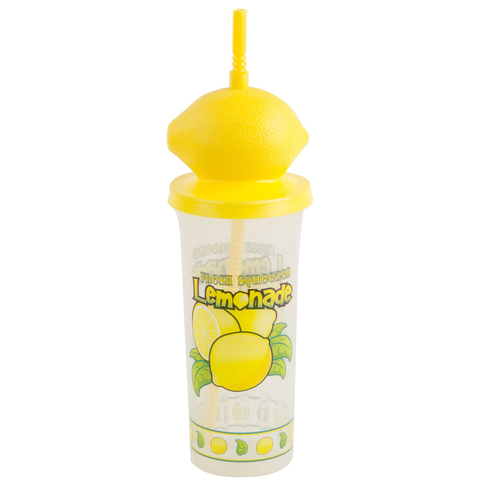 32 oz. Tall Plastic Lemonade Cold Cup with Straw and Lemon Top Lid - 70/Case