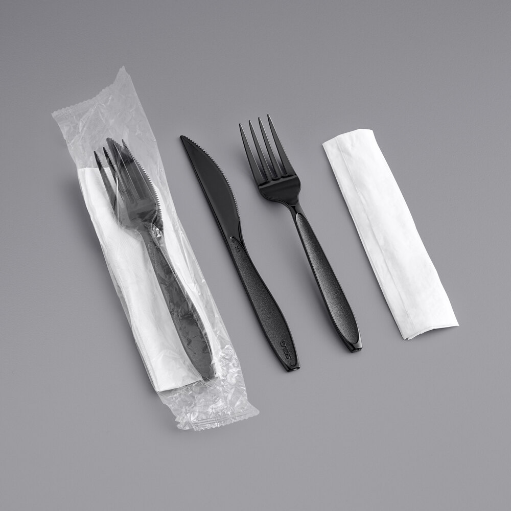 Solo Impress Heavy Weight Black Wrapped Plastic Cutlery Set with Fork, Knife, and Napkin - 250/Case