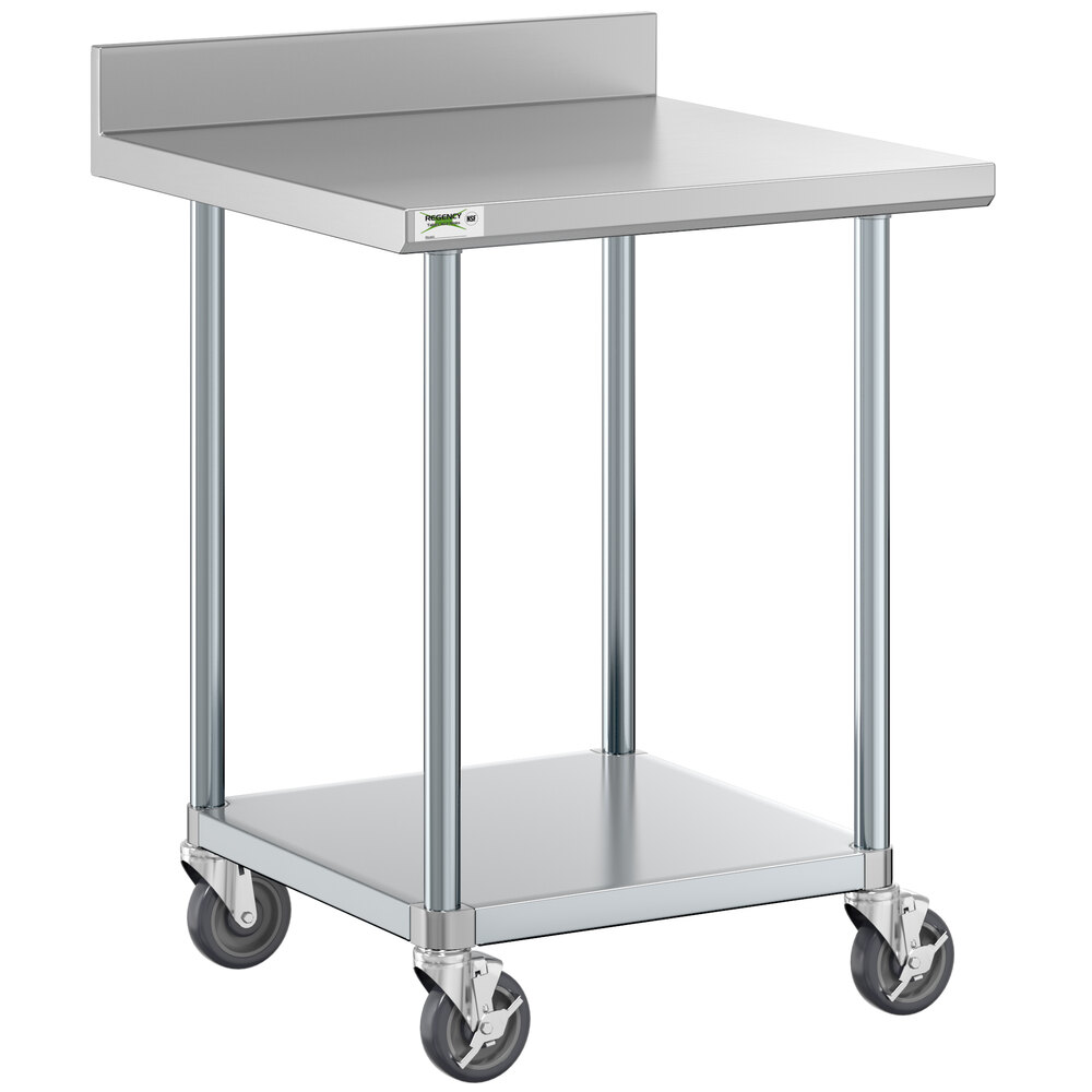 Regency 30" x 30" 18-Gauge 304 Stainless Steel Commercial Work Table with 4" Backsplash, Galvanized Legs, Undershelf, and Casters