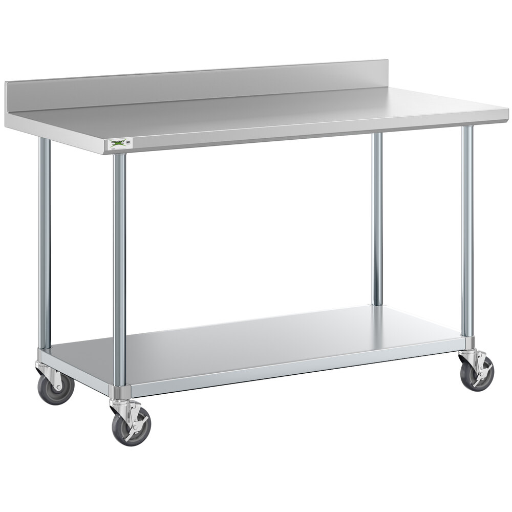 Regency 30" x 60" 18-Gauge 304 Stainless Steel Commercial Work Table with 4" Backsplash, Galvanized Legs, Undershelf, and Casters