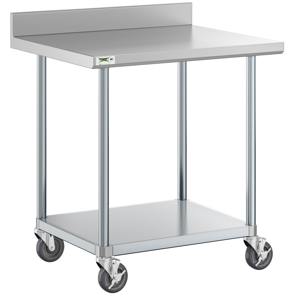 Regency 30" x 36" 18-Gauge 304 Stainless Steel Commercial Work Table with 4" Backsplash, Galvanized Legs, Undershelf, and Casters