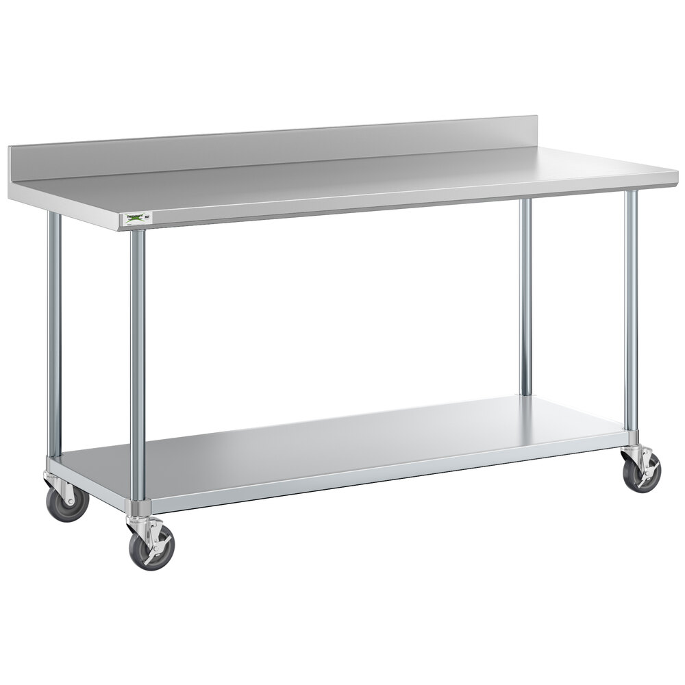 Regency 30" x 72" 18-Gauge 304 Stainless Steel Commercial Work Table with 4" Backsplash, Galvanized Legs, Undershelf, and Casters