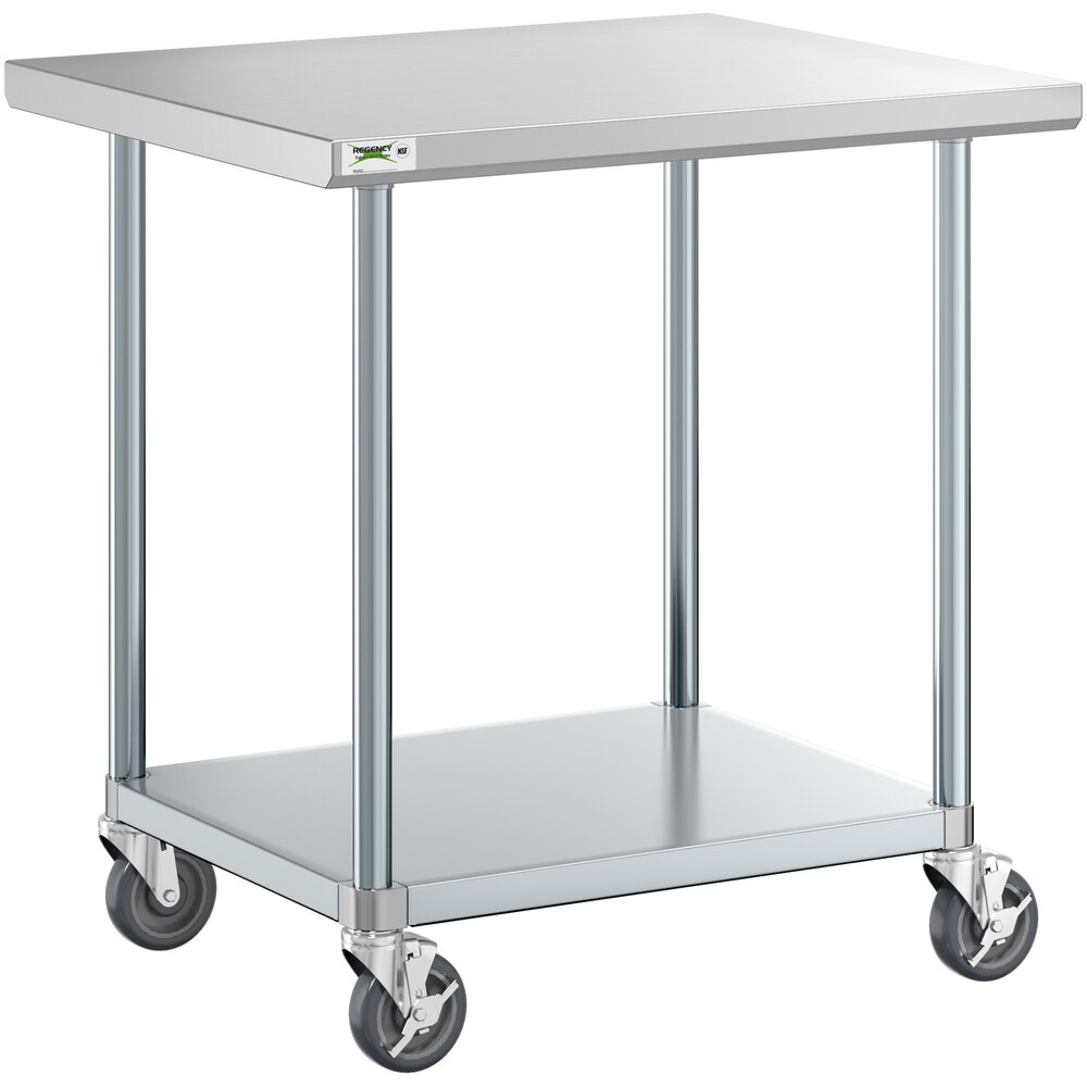 Regency 30" x 36" 18-Gauge 304 Stainless Steel Commercial Work Table with Galvanized Legs, Undershelf, and Casters