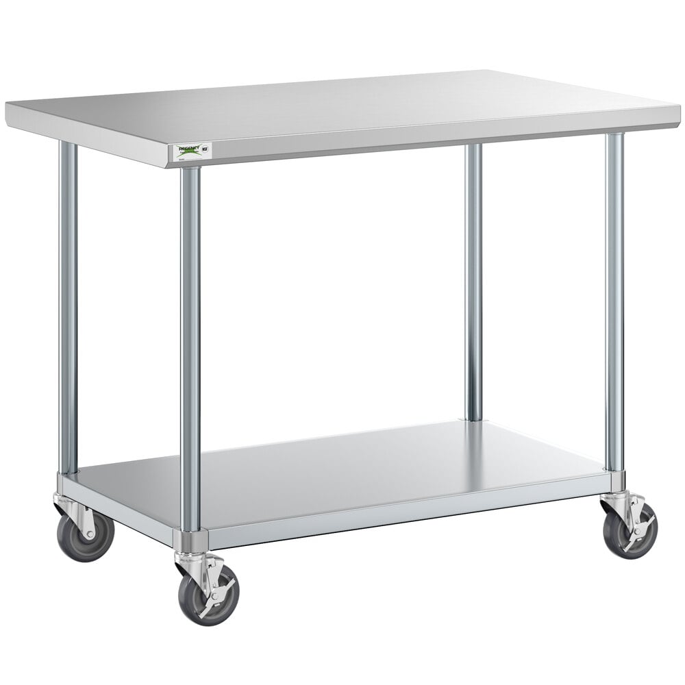 Regency 30" x 48" 18-Gauge 304 Stainless Steel Commercial Work Table with Galvanized Legs, Undershelf, and Casters