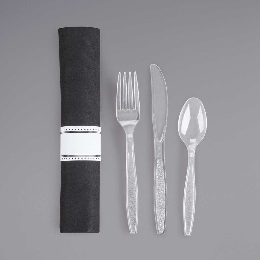 Visions 17" x 17" Black Pre-Rolled Linen-Feel Napkin and Clear Heavy Weight Plastic Cutlery Set - 100/Case