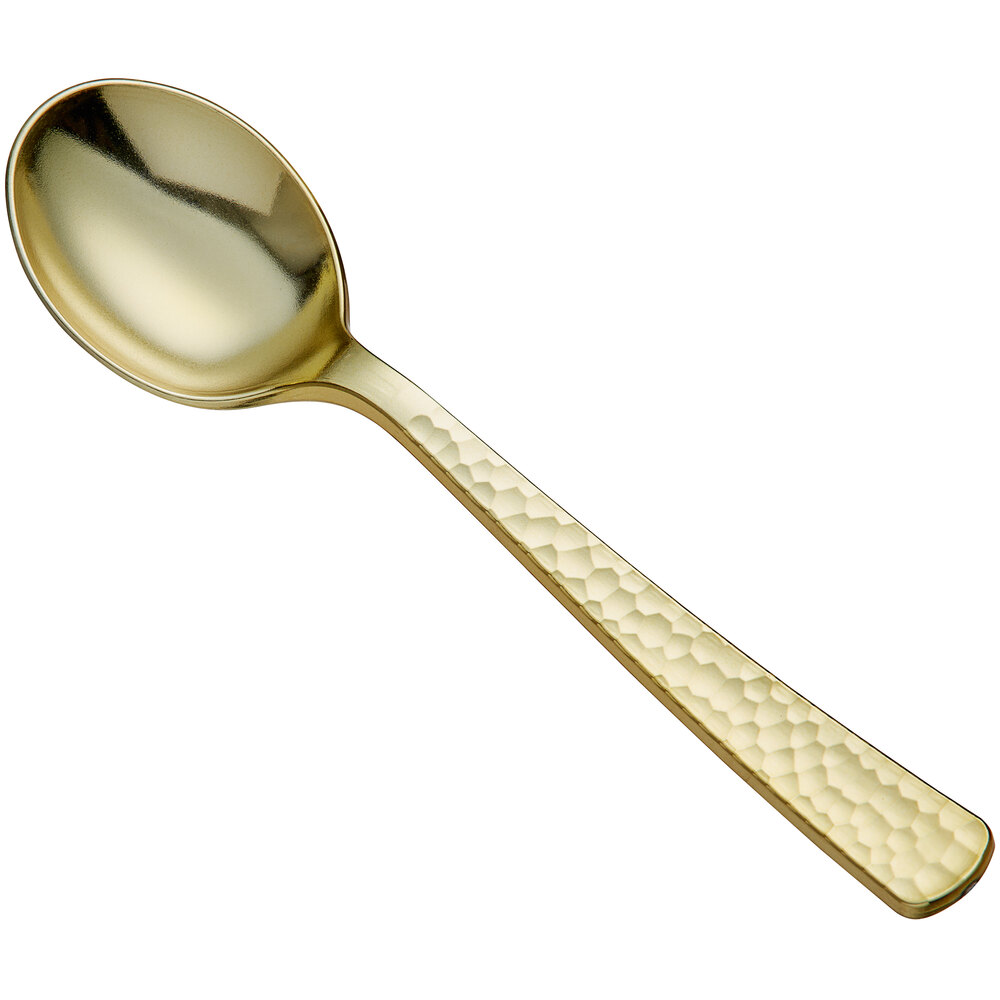 Visions Hammered 5 7/8" Heavy Weight Gold Plastic Soup Spoon - 25/Pack