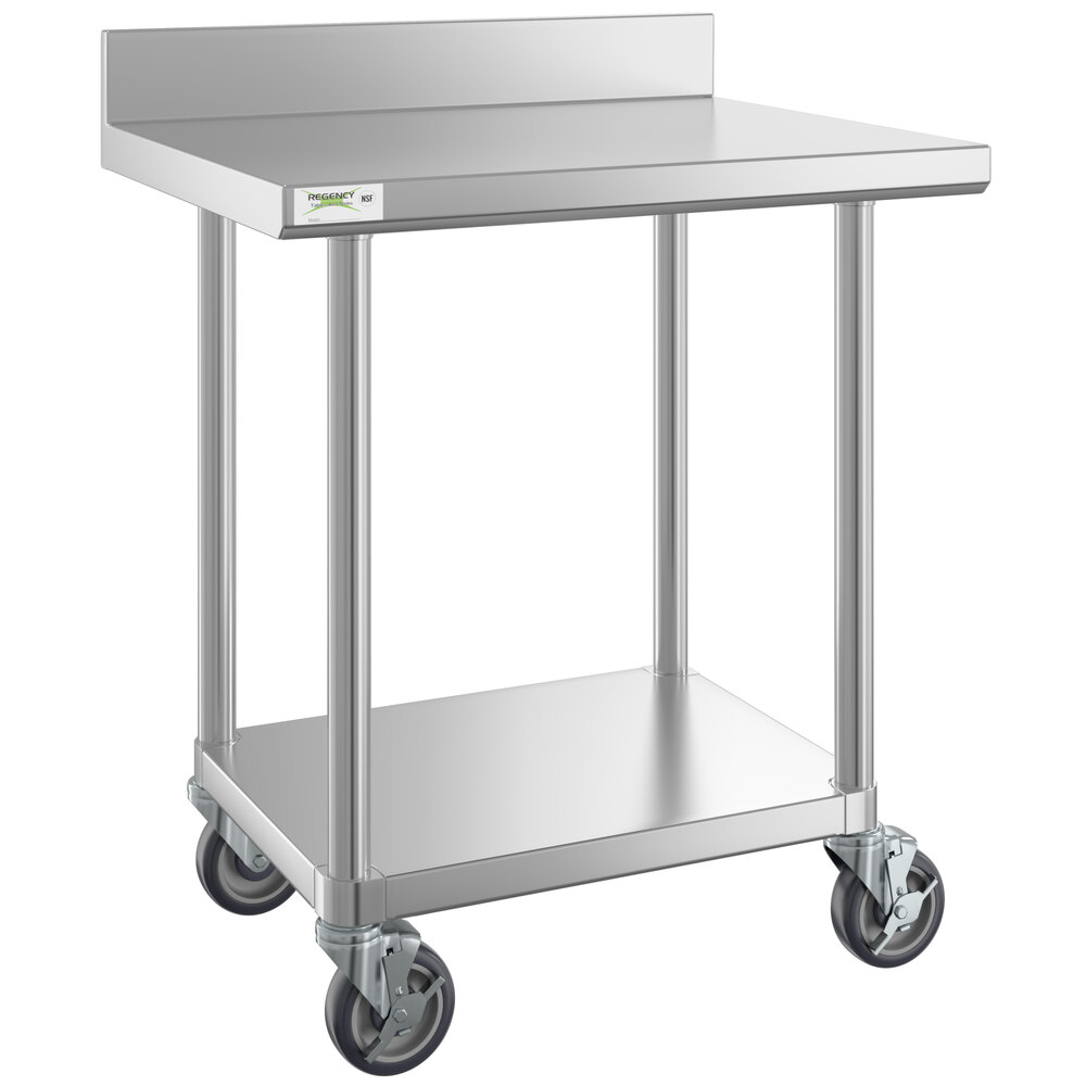 Regency 24" x 30" 16-Gauge 304 Stainless Steel Commercial Work Table with 4" Backsplash, Undershelf, and Casters