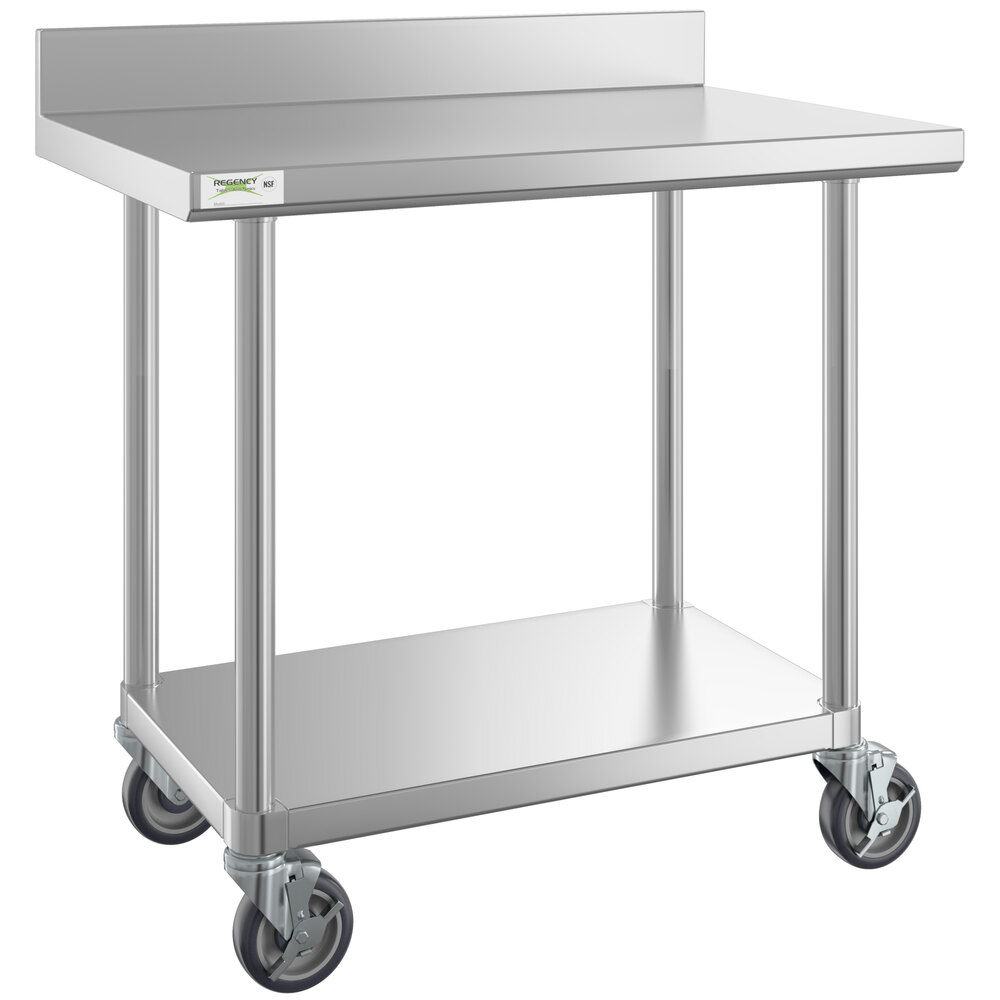 Regency 24" x 36" 16-Gauge 304 Stainless Steel Commercial Work Table with 4" Backsplash, Undershelf, and Casters