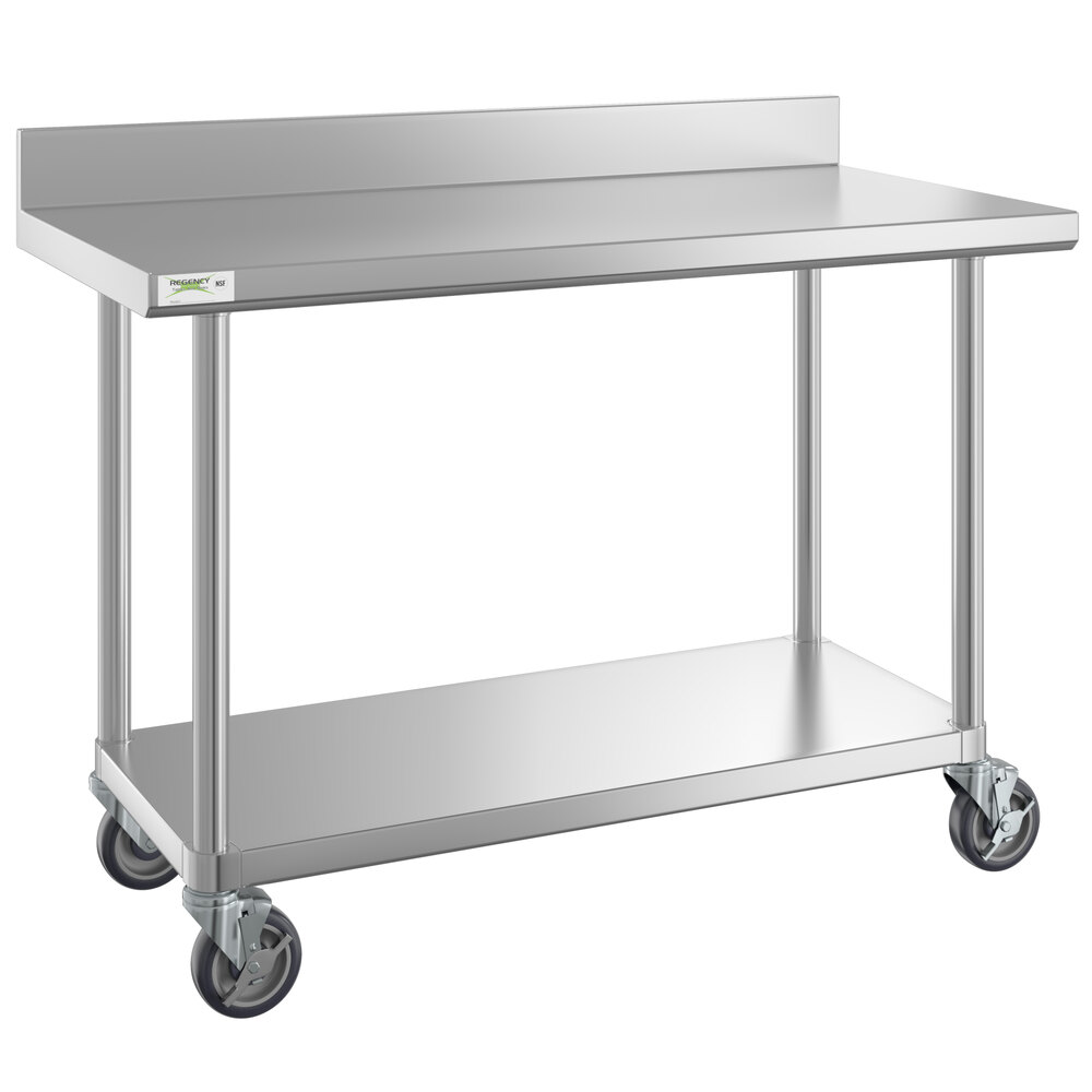 Regency 24" x 48" 16-Gauge 304 Stainless Steel Commercial Work Table with 4" Backsplash, Undershelf, and Casters