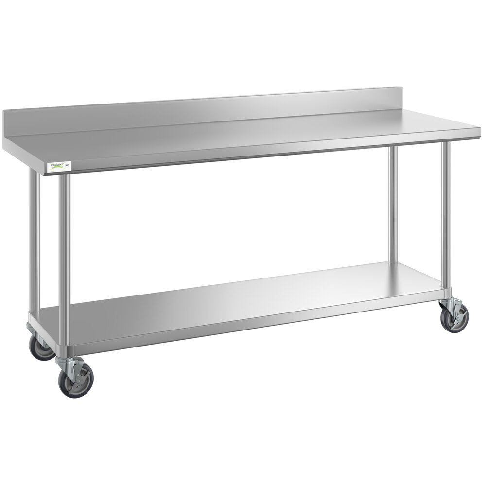 Regency 24" x 72" 16-Gauge 304 Stainless Steel Commercial Work Table with 4" Backsplash, Undershelf, and Casters