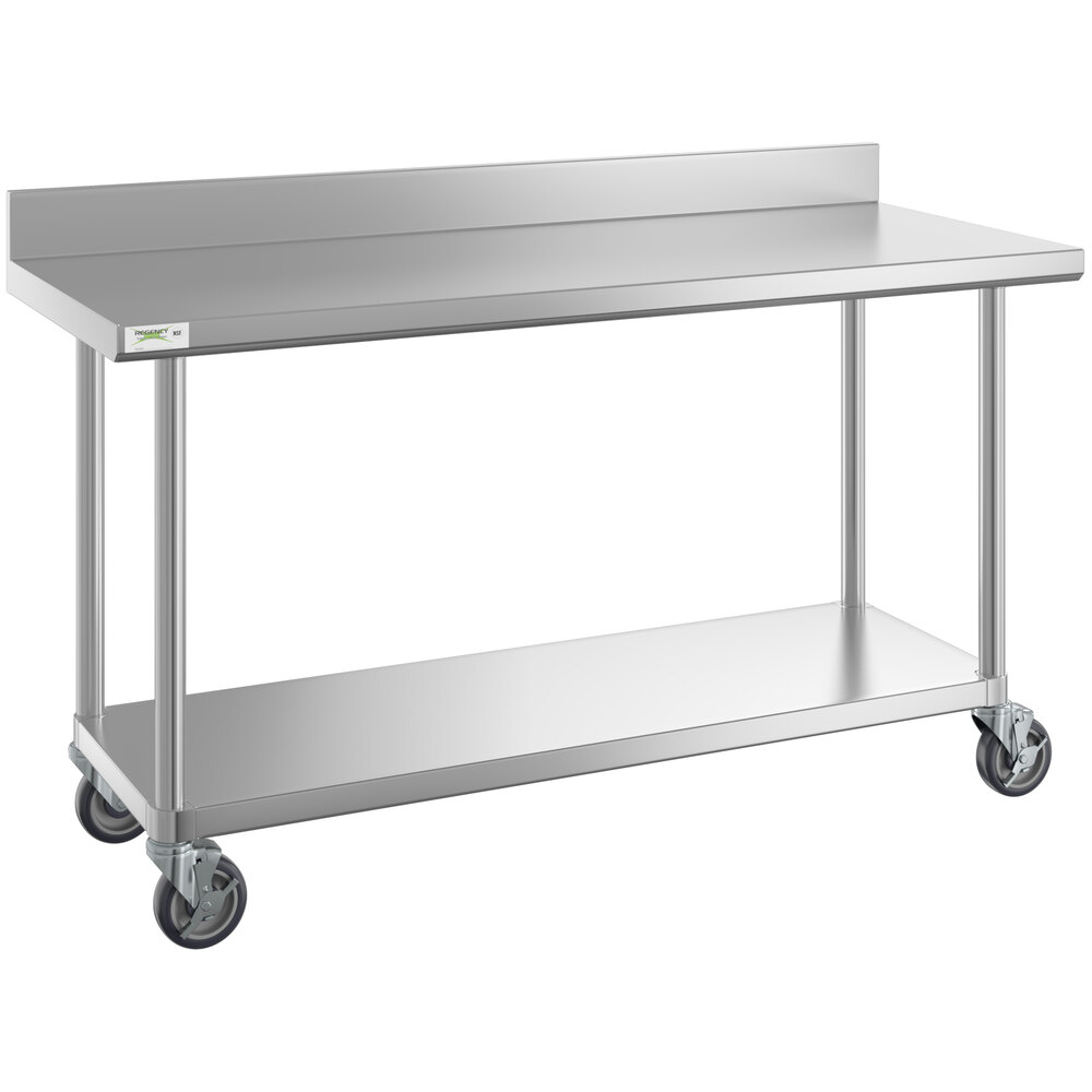 Regency 24" x 60" 16-Gauge 304 Stainless Steel Commercial Work Table with 4" Backsplash, Undershelf, and Casters